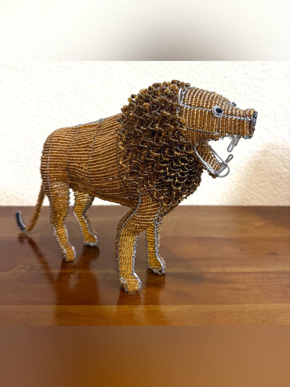 South African Beaded Wire Lion Sculpture Handmade Glass Beads Folk Art Safari